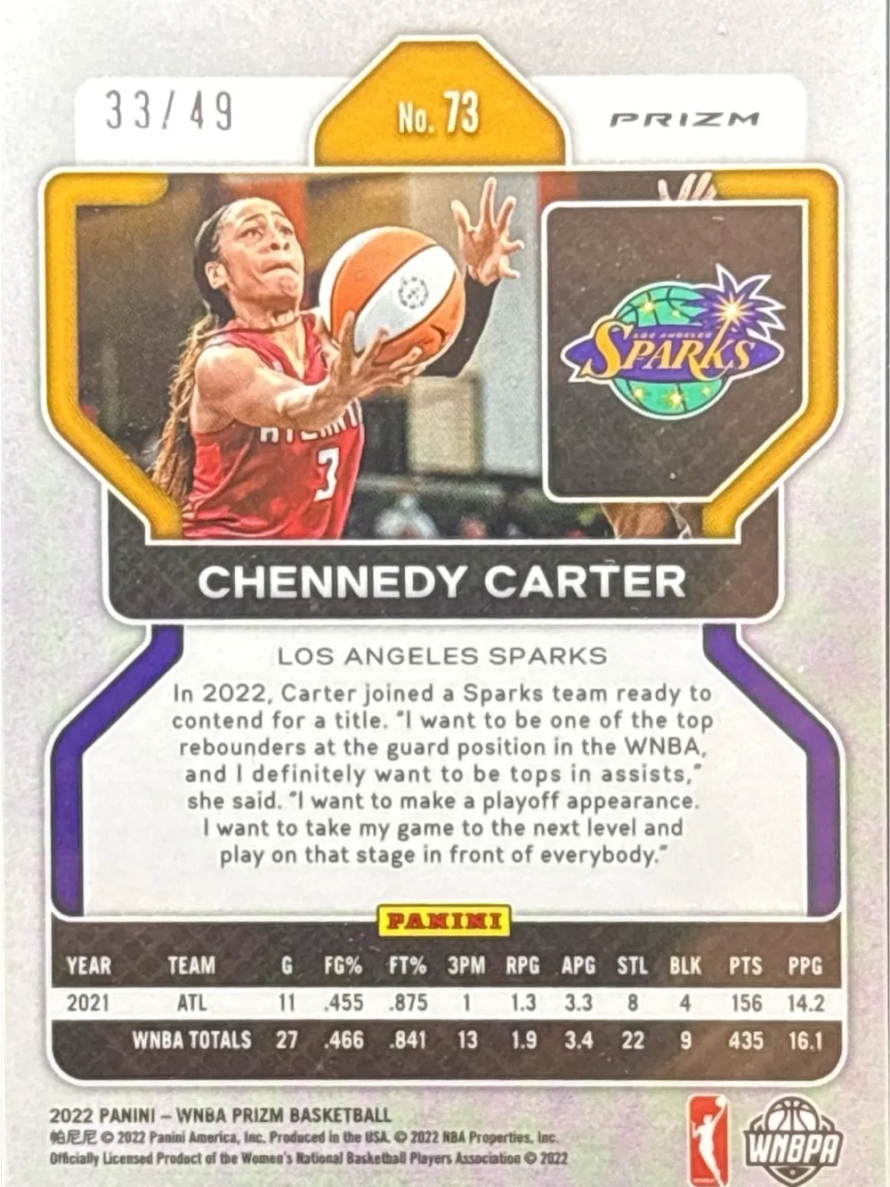 Panini Prizm Chennedy Carter Orange Prizm Sparks Basketball Card - LE 33/49